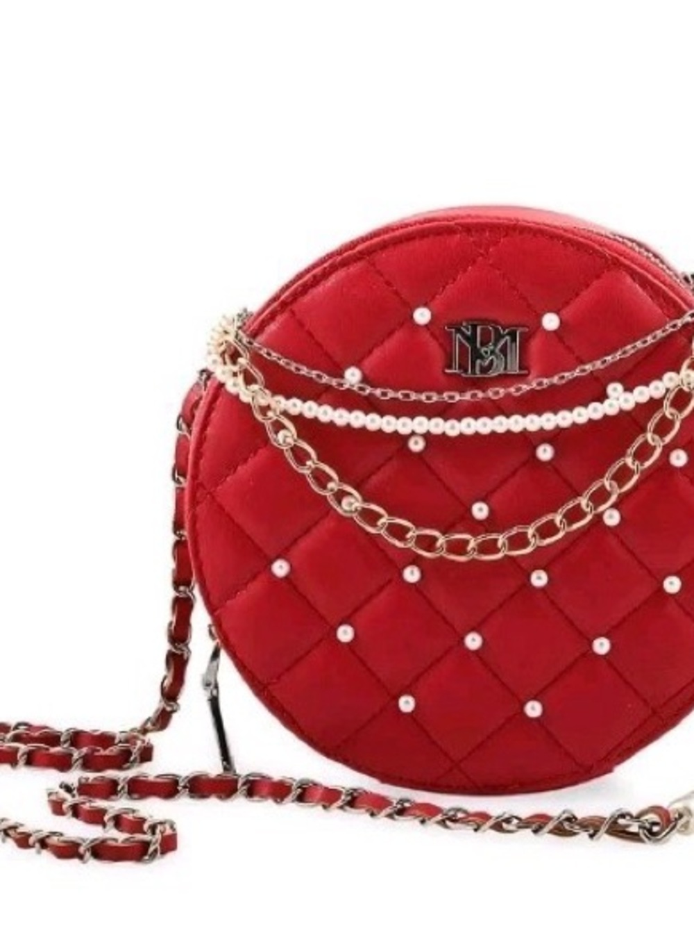 Badgley Mischka Red Quilted Pearl-Trim Round Crossbody Bag